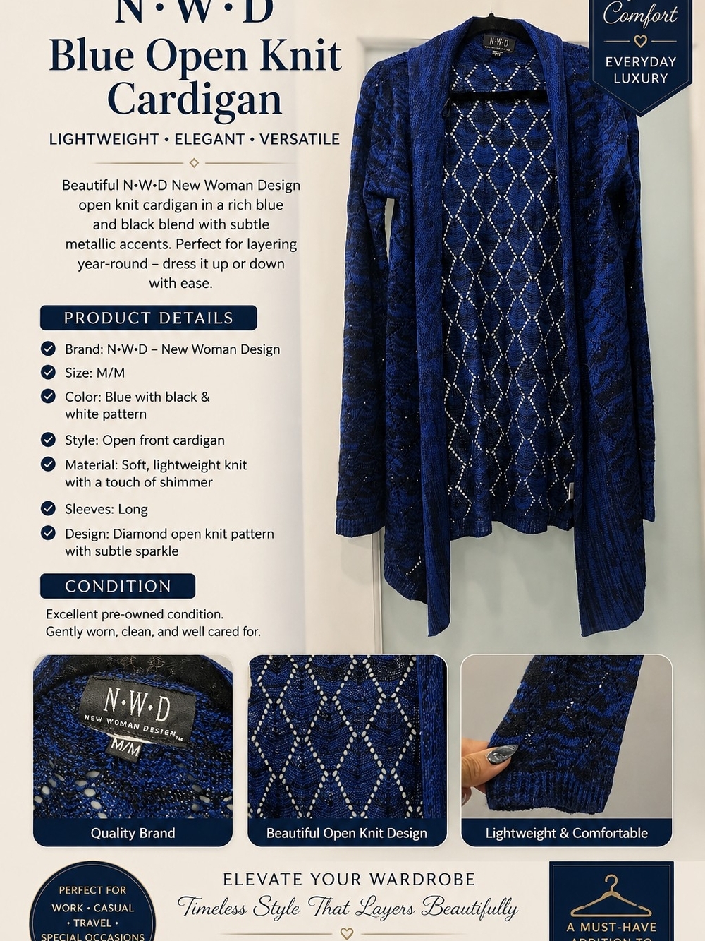 N•W•D Blue Open Knit Cardigan - New Woman Design
